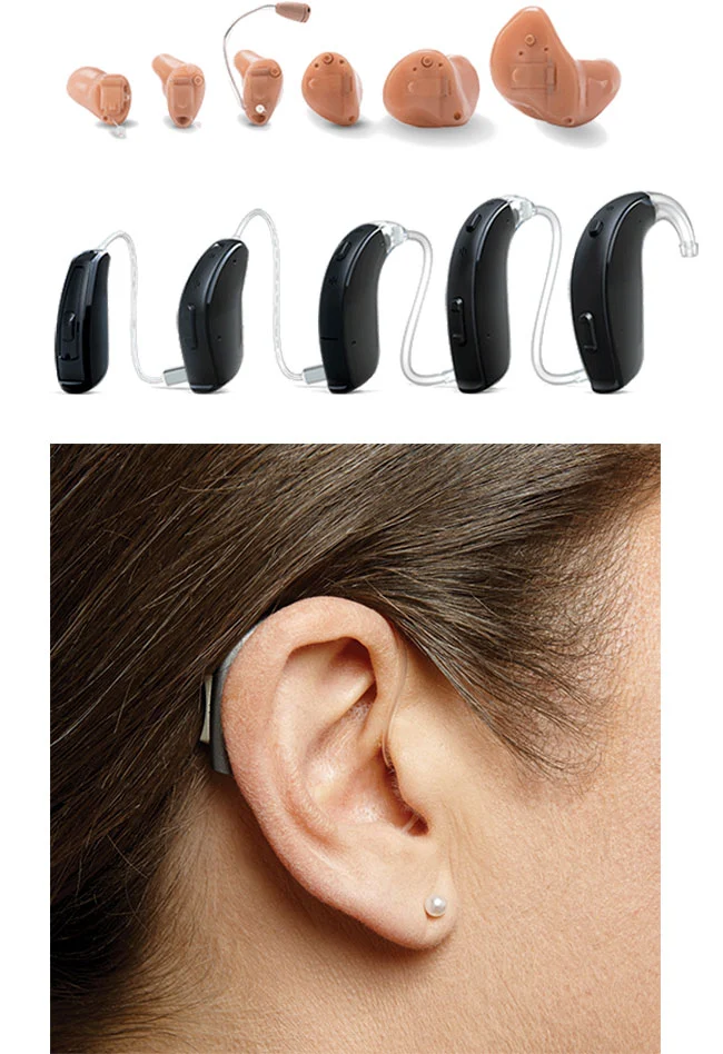 Assorted hearing aids displayed above a close-up of a person’s ear with a hearing aid installed.
