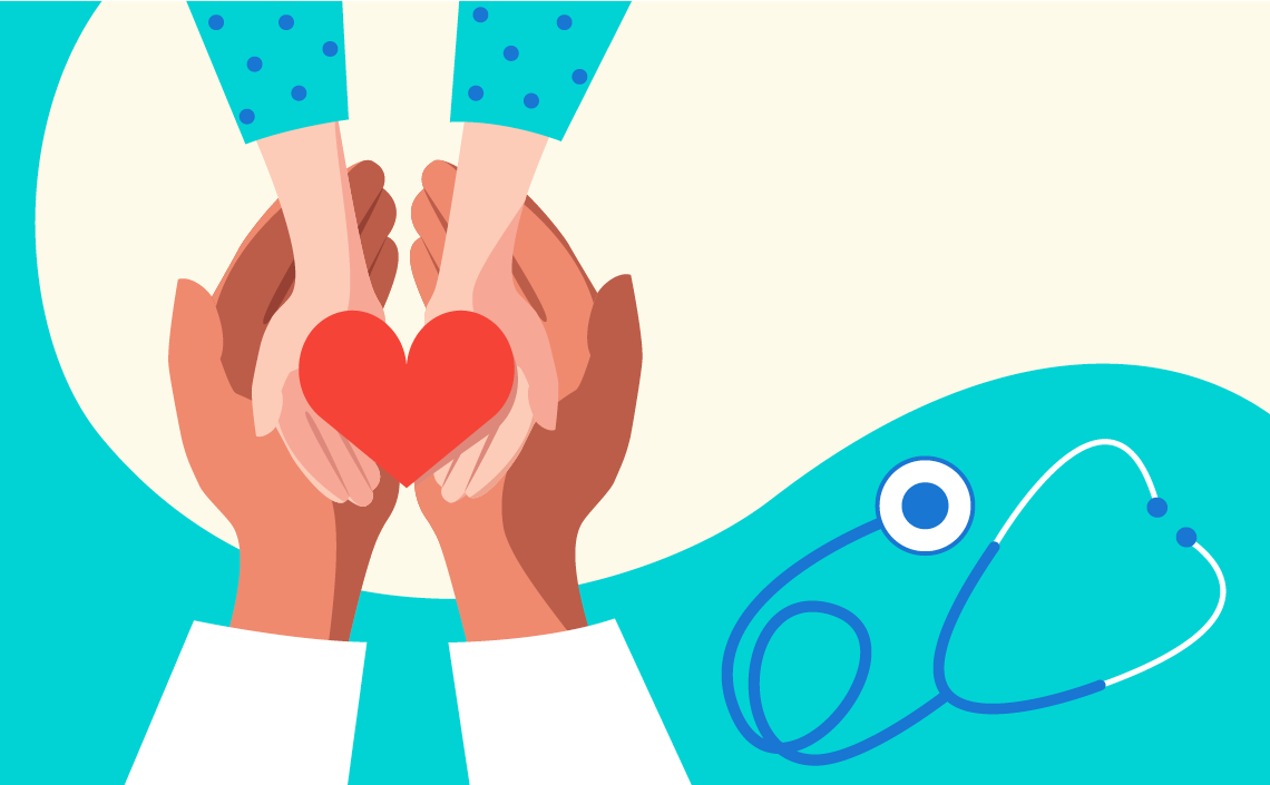An illustration of a parent and child holding a cartoon style heart