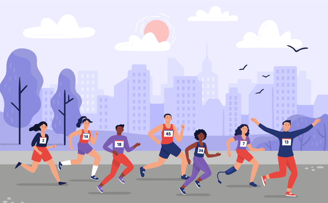 An illustration of people running in the Boston Marathon