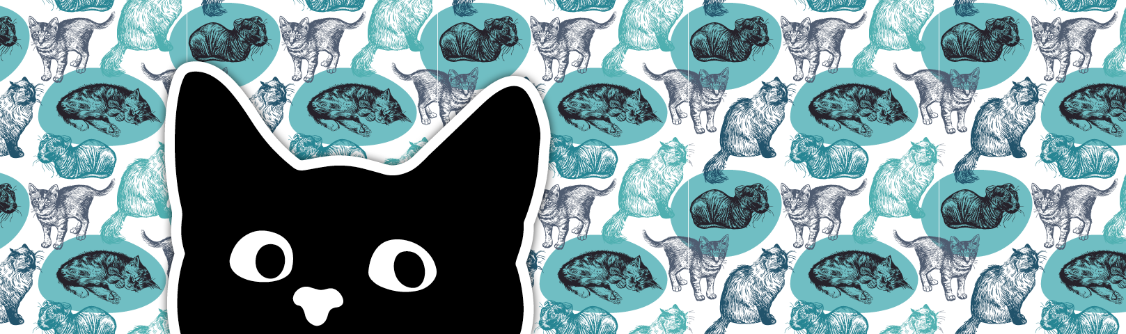 Illustration of a black cat with perked ears on a background of other kitties frolicking